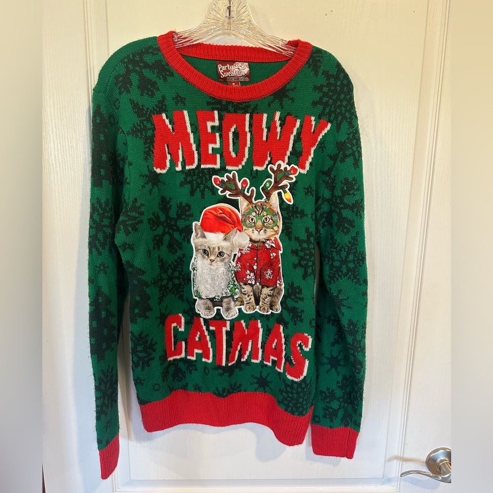 Party Sweater Meowy Catmas Ugly Christmas holiday Sweater Cat unisex Size Medium
